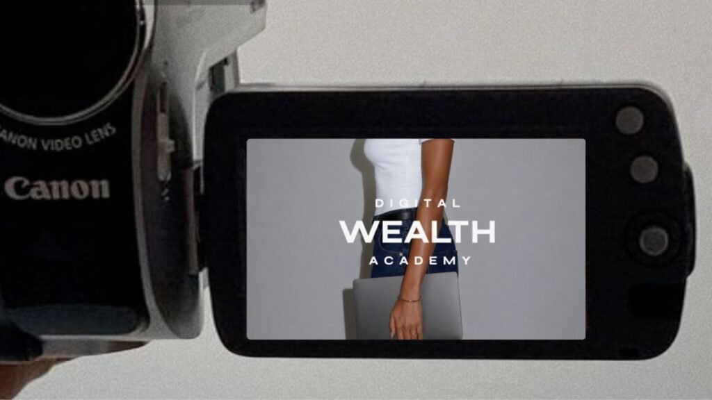 Promo card for Digital Wealth Academy showing a woman in a white top and jeans holding a laptop on a gray background.