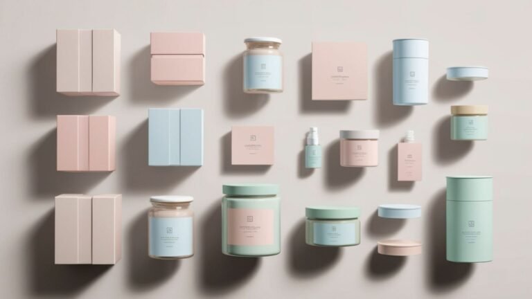 Flat lay of pastel pink, blue, and mint skincare boxes and jars on a beige background with soft shadows.