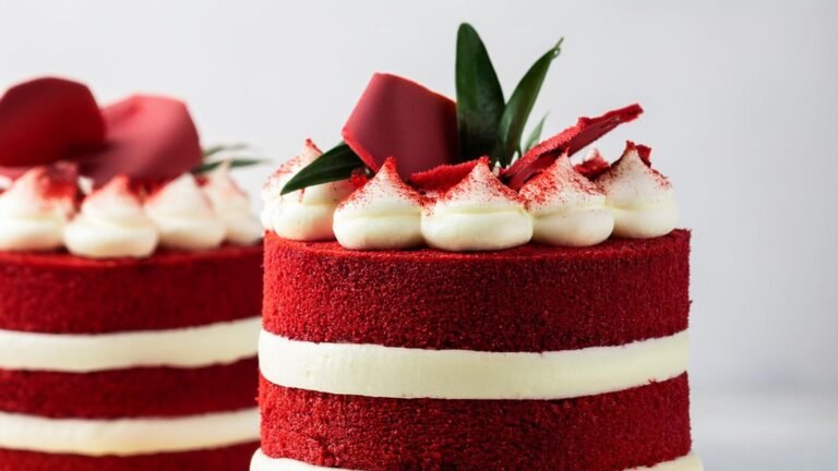 Red velvet cake with white cream filling and decorative frosting on top, plus a red chocolate shard and green leaves for garnish.