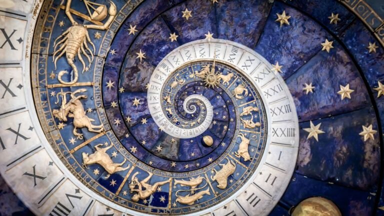 Ornate astronomical clock with spiraling rings, zodiac figures, and golden stars against a blue background, showing celestial time.
