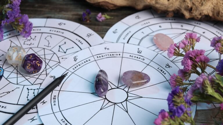 Astrology chart circles with zodiac signs, amethyst crystals, a black pen, and purple flowers on a wooden surface.