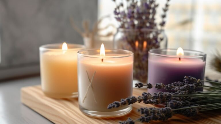 Three lit scented candles in glass holders sit on a wooden tray, with lavender sprigs in the foreground/background, creating a calm centerpiece.