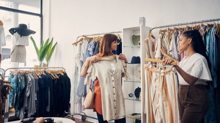 Two women shopping in a bright clothing boutique, one holding up a beige button-down dress for the other to see.