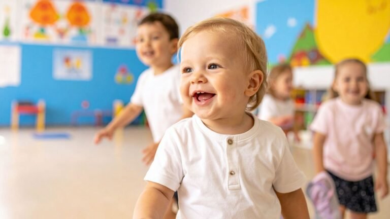 Happy toddler in a white shirt laughing in a colorful classroom with peers in the background, suggesting a playful daycare scene.