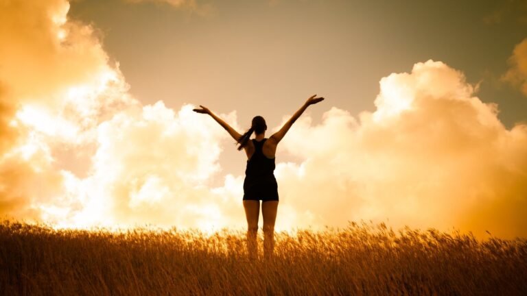 Silhouette of a person standing in tall grass with arms raised, against a golden sunset and billowing clouds in the sky.