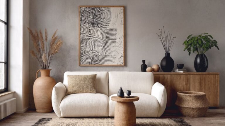 Neutral living room: cream sofa, abstract black-and-white artwork, and a wooden sideboard.
